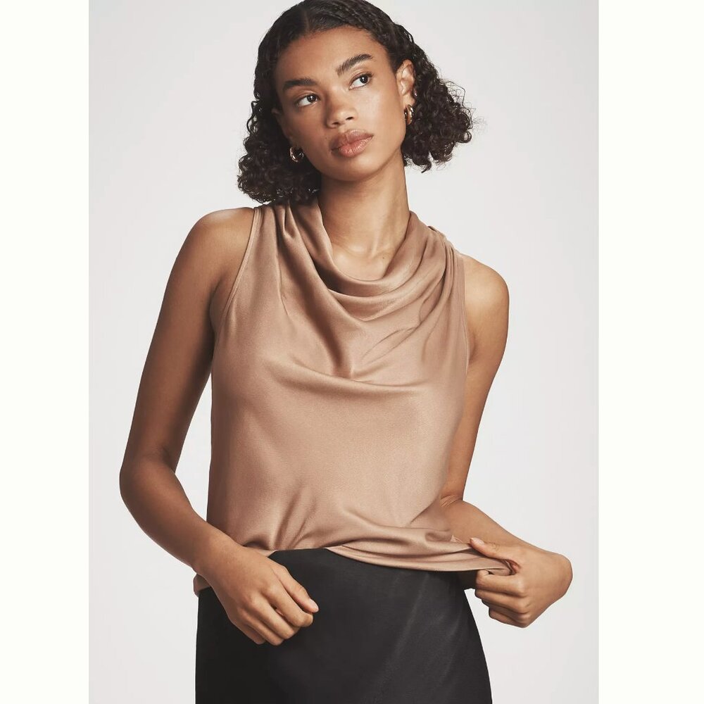 Anthropologie Size Large Sleeveless Cowl-Neck Viscose Blouse Taupe Champagne